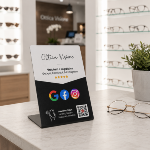 Stand Premium Recensioni Google + Facebook + Instagram - formato A6 - NFC +QRCODE - Logo personalizzato