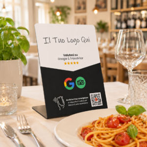 Stand Premium Recensioni Google + Tripadvisor - formato A6 - NFC +QRCODE - Logo personalizzato
